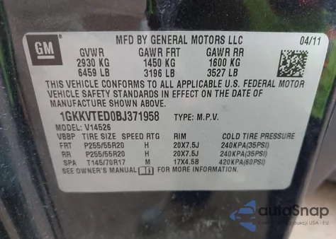 2011 GMC Acadia Denali z USA, uszkodzony, nr VIN 1GKKVTED0BJ371958